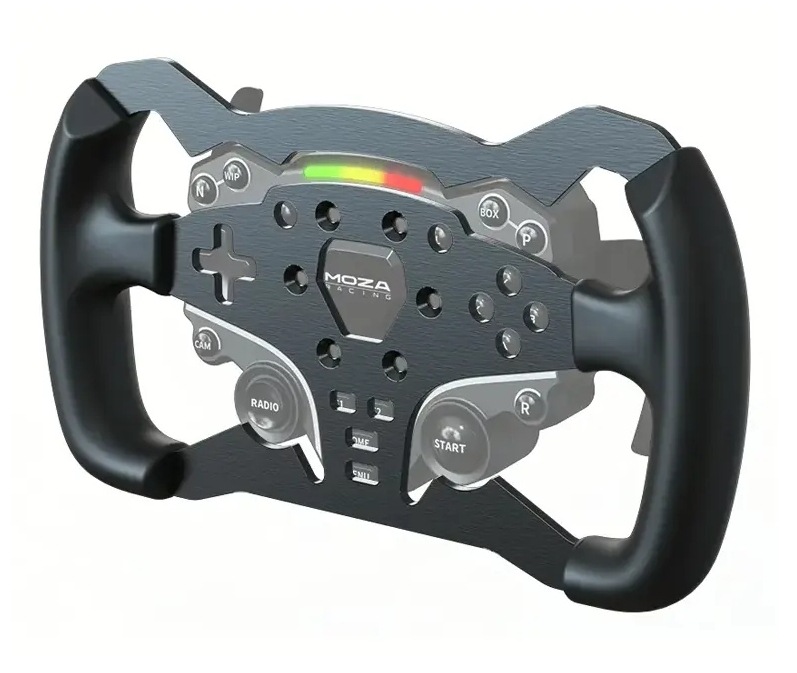 Věnec volantu Moza Racing ES Formula Wheel Mod hliník Na obrázku je elegantní věnec volantu s několika tlačítky viděný ze strany.
