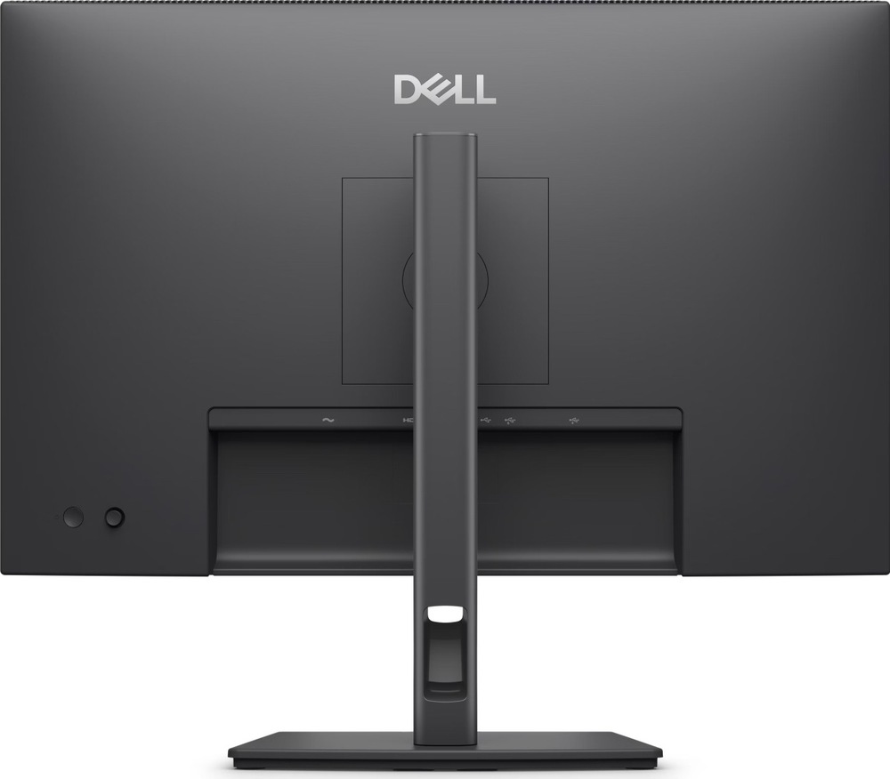 Monitor Dell Pro P 24 P2426 černý Černý monitor Dell Pro P2426 ze zadní strany, se středovým stojanem, otvorem pro vedení kabelů a zapuštěným panelem konektorů.