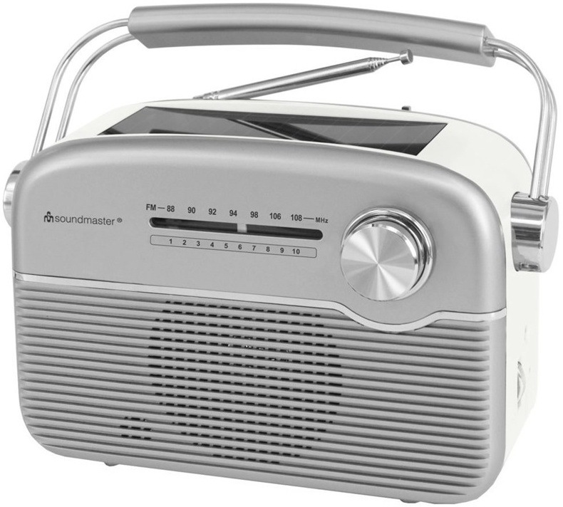Přenosné retro rádio Soundmaster TR480SI s FM pásmem a chromovaným madlem.