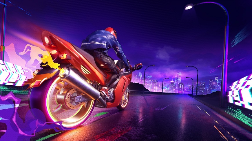 Televize Hisense 32A5S barevná herní scéna s jedoucím motorkářem