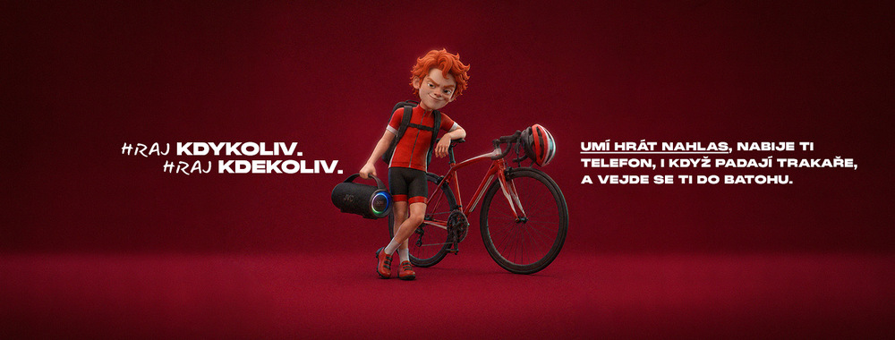 Přenosný reproduktor JVC XS-E524B černý Kreslený cyklista s přenosným reproduktorem a silničním kolem na červeném pozadí. Text: Hraj kdykoliv. Hraj kdekoliv. Umí hrát nahlas, nabije ti telefon, i když padají trakaře, a vejde se ti do batohu