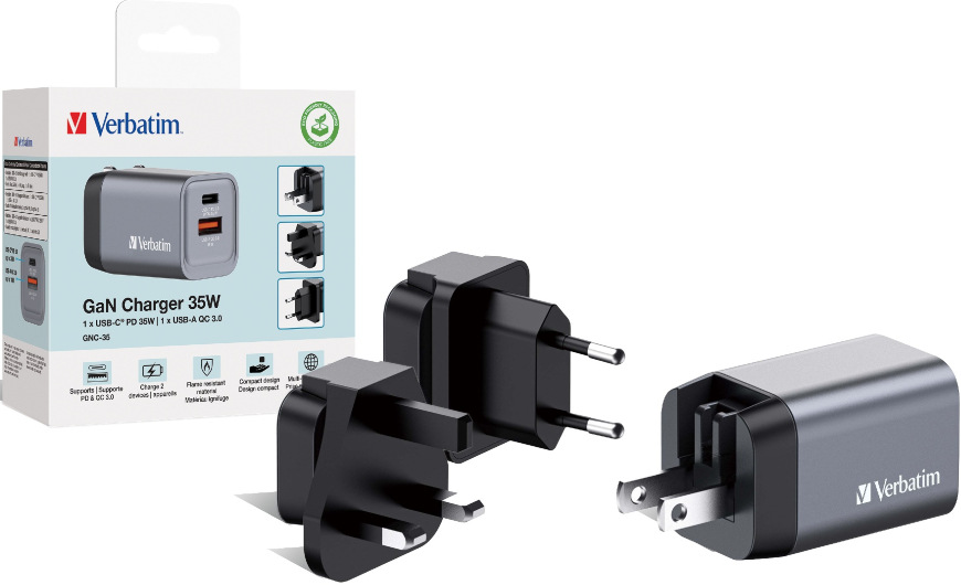 Cestovní adaptér Verbatim GNC-35 GaN 35W, 1x USB-C PD 35W, 1x USB-A QC 3.0 stříbrný Verbatim GNC-35 GaN, 35 W, 1× USB-C PD 35 W, 1× USB-A QC 3.0, stříbrná