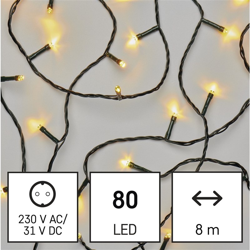 LED řetěz EMOS 80LED řetěz, 8 m, venkovní i vnitřní, teplá bílá, programy, časovač