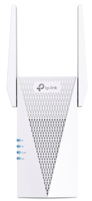 Čelní pohled na Wi-Fi extender TP-Link RE715X se dvěma externími anténami a LED indikací