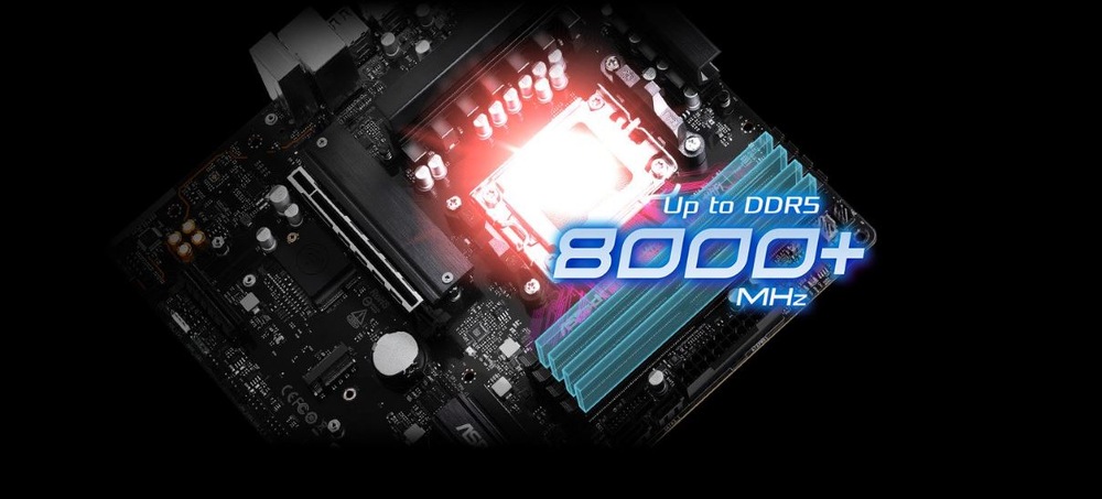 Základní deska ASRock A620AM PRO-A WIFI černá Detail základní desky počítače se zářícím procesorem a textem s označením „Až DDR5 8000+ MHz“ nad sloty RAM, který znázorňuje vysoce výkonnou technologii.