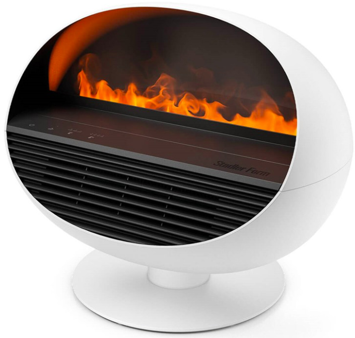 Teplovzdušný ventilátor Stadler Form Erik White s efektem oranžového plamene na podstavci