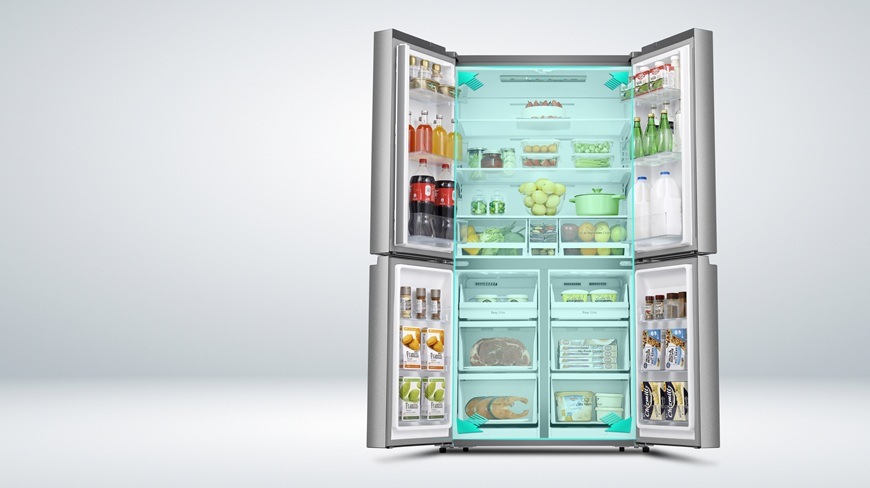 Americká lednice Hisense RQ5P640SSSD nerez Americká chladnička Hisense RQ5P640SSSD v nerezovém provedení má plně otevřená všechny 4 dvířka. Uvnitř jsou uloženy nejrůznější potraviny.