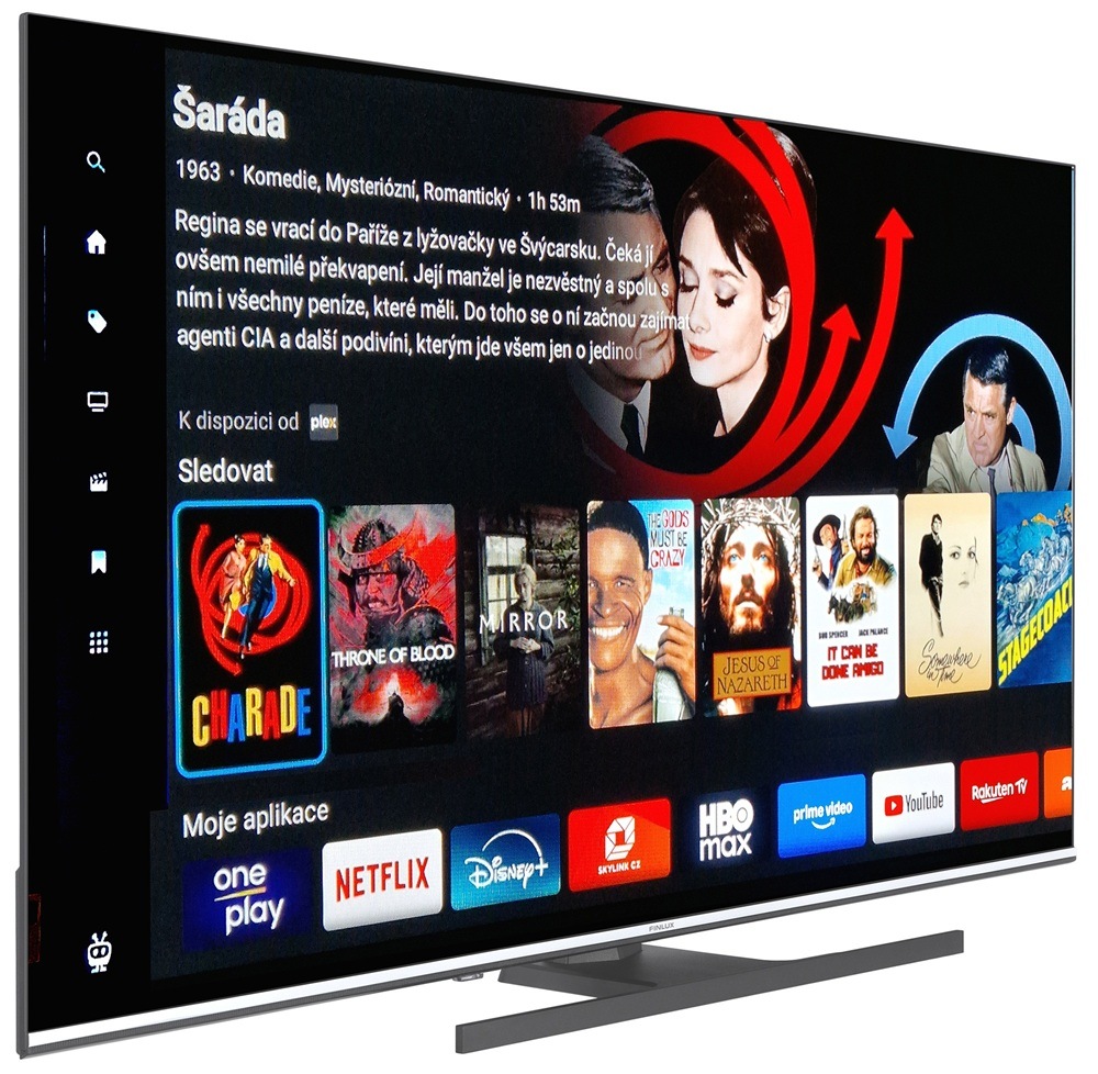 Televize Finlux 50FQK9060 natočená mírně doprava, na obrazovce televize je stránka OS TiVo