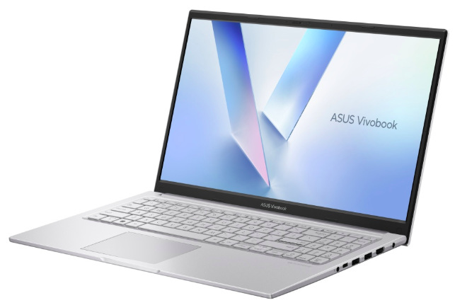 Notebook ASUS Vivobook 15 ve stříbrné barvě Cool Silver s 15,6" displejem otevřený v pracovní poloze