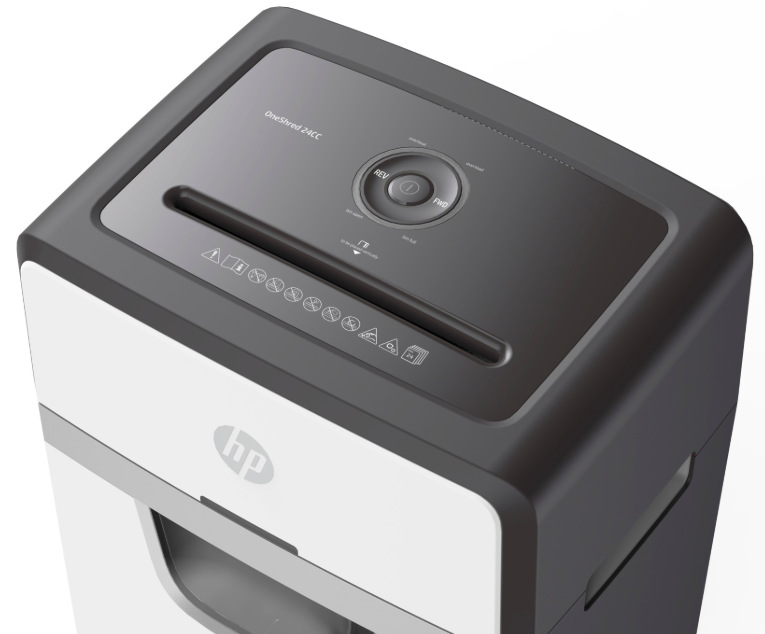 Horní panel skartovače HP OneShred 24CC s ovládacími tlačítky a vstupním otvorem pro papír