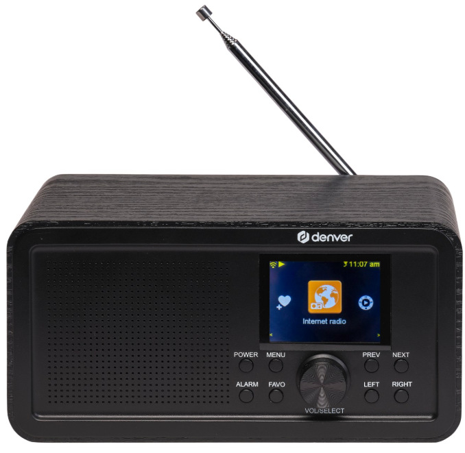 Internetové rádio Denver DIR-200 s vysunutou teleskopickou anténou pro příjem signálu
