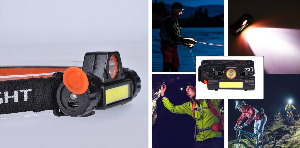 Čelovka Solight 3W + COB,150 + 120 lm, Li-Ion, USB černá Čelovka Solight