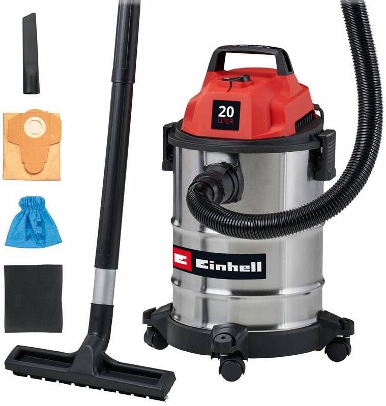 Průmyslový vysavač Einhell TC-VC 2045 S v červeném a nerezovém provedení s nádobou 20 l a příslušenstvím