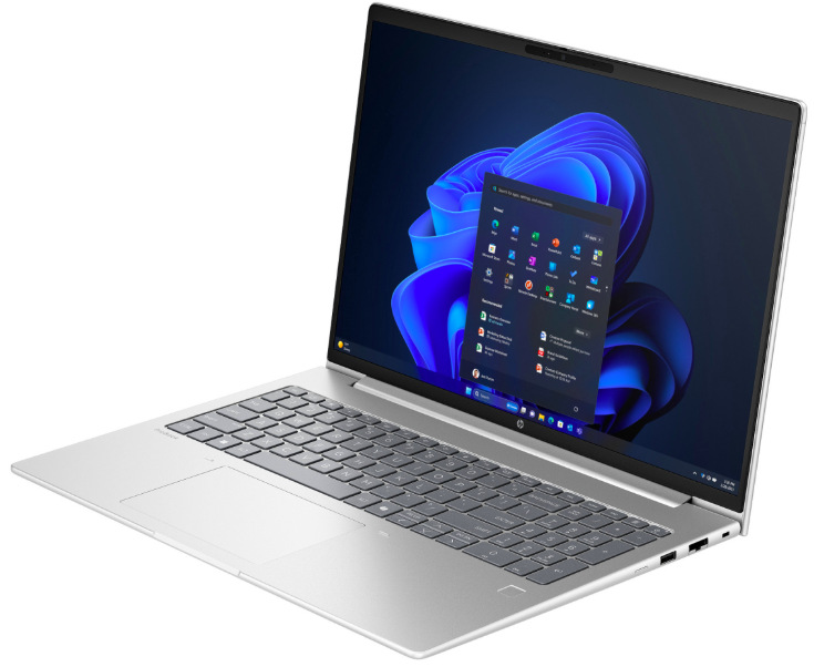 Otevřený HP ProBook 4 G2a 16″ R5-230 AI PC zprava s klávesnicí a displejem