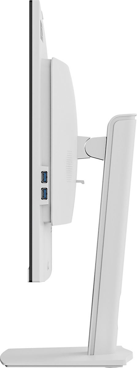 Detail bočního profilu bílého počítače MSI Pro AP272P se dvěma USB porty a stojanem