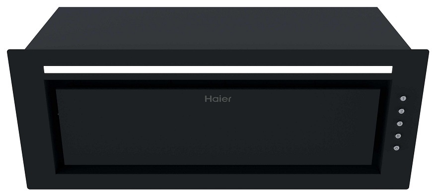 spodní strana odsavače par Haier HAPY72ES6XGG s ovládacími knoflíky napravo, LED osvětlení svítí