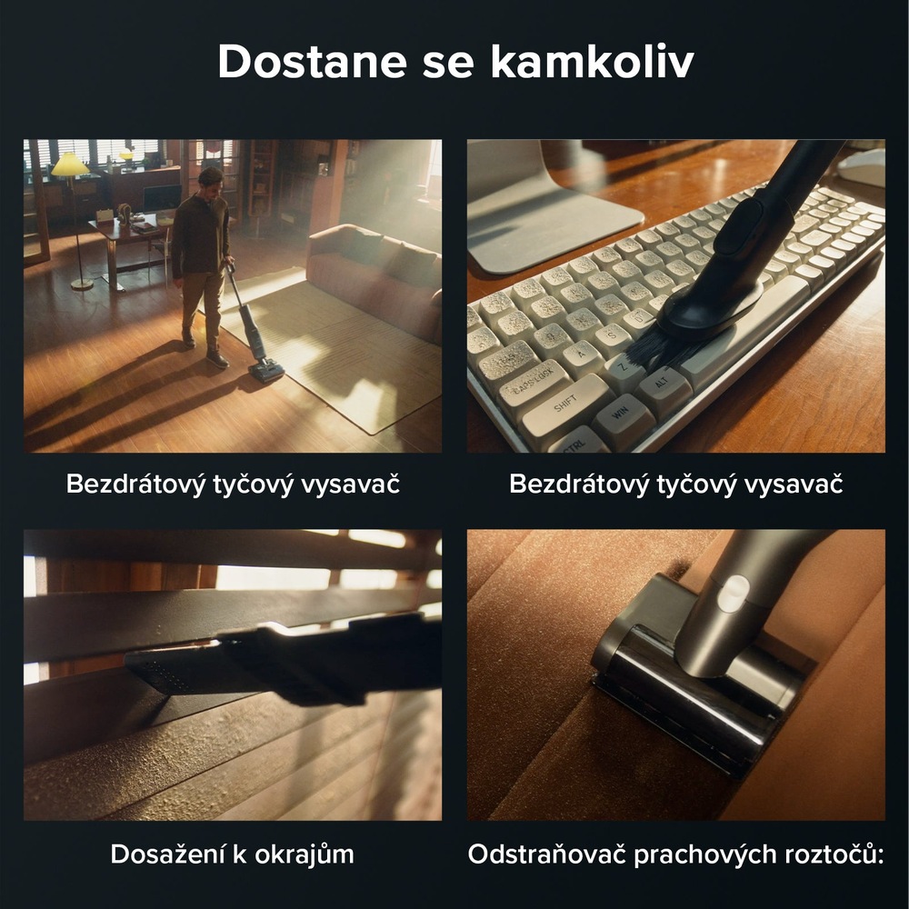 Tyčový vysavač Roborock F25 ACE Combo černý Koláž znázorňující bezdrátový tyčový vysavač Roborock F25 ACE Combo při úklidu podlah nábytku klávesnice i okrajů s důrazem na všestrannost a snadnou dostupnost do každého místa.