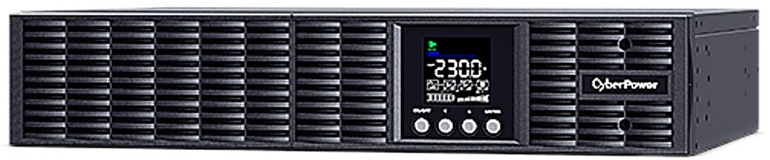 Na obrázku je přední panel rackového UPS CyberPower v černém 2U provedení. Většinu plochy zabírá ventilační mřížka, uprostřed je malý LCD displej s hodnotou 230,0 a pod ním čtyři kulatá ovládací tlačítka. Vpravo je logo CyberPower a celé zařízení působí profesionálně a robustně.