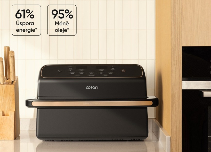 Horkovzdušná fritéza Cosori Dual Blaze TwinFry Compact má menší spotřebu oleje a energie