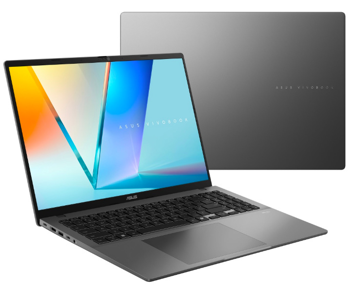 Notebook Asus Vivobook S16 šedý ASUS Vivobook S16 v otevřeném a zavřeném provedení s matně šedým povrchem