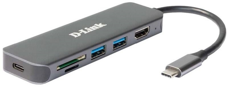 USB Hub D-Link 6v1 z USB-C na HDMI se čtečkou SD/microSD karet a funkcí Power Delivery šedý