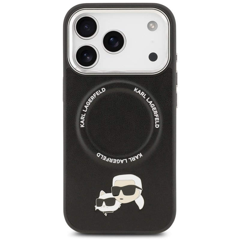Karl Lagerfeld PU Karl and Choupette Heads Pins MagSafe na Apple iPhone 17 Pro v černém provedení.
