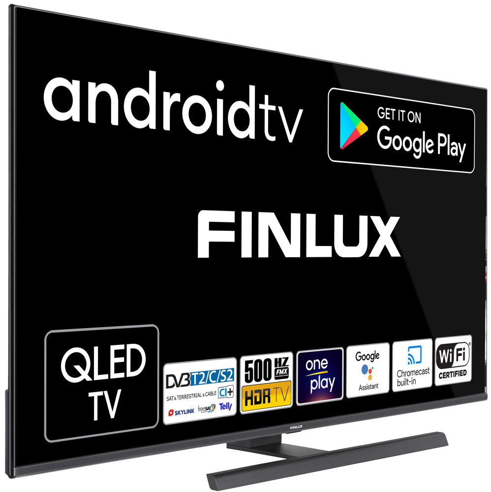 Televize Finlux 32FQI8071 natočená mírně doprava, na obrazovce je logo Finlux a loga aplikací