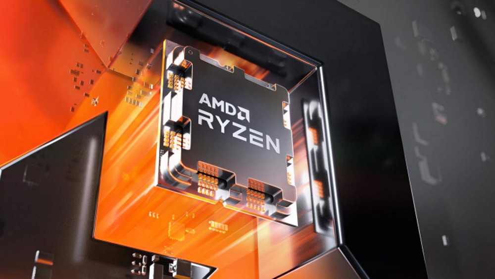 Futuristický obraz procesoru AMD Ryzen obklopený zářícími oranžovými a kovovými prvky, ztělesňující high-tech inovace a energii.