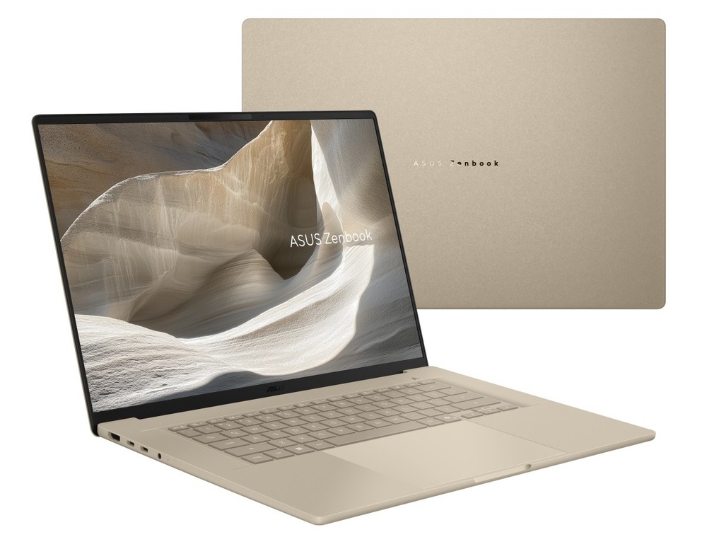 Notebook Asus Zenbook A16 béžový Dva notbooky notebook ASUS Zenbook A16 jeden zavřený a jeden otevřený a zapnutý