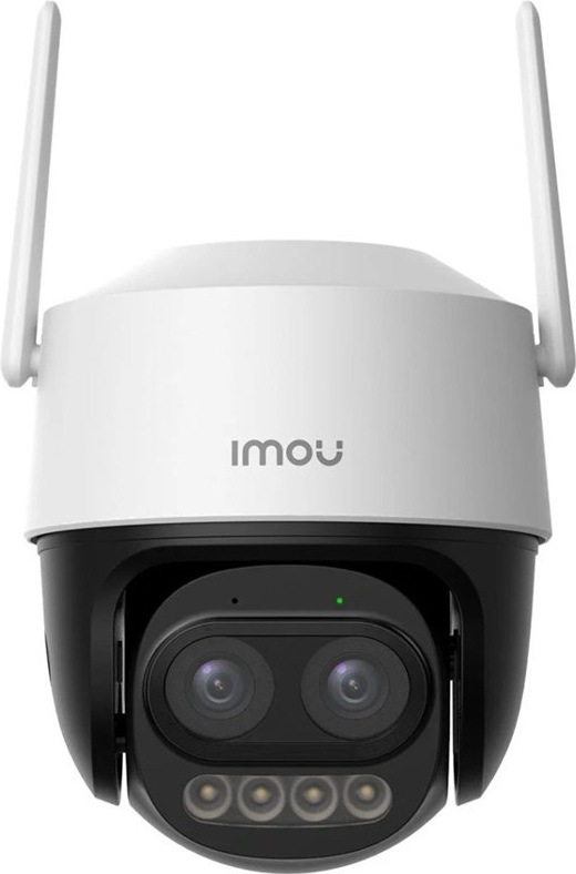 Na obrázku je venkovní otočná IP kamera Imou Cruiser SC v bílo-černém provedení. Kamera má zaoblené tělo, po stranách dvě dlouhé bílé antény směřující vzhůru pro bezdrátové připojení. Ve spodní černé části jsou vedle sebe umístěné dva objektivy, díky kterým kamera sleduje širší prostor. Pod objektivy jsou čtyři kruhové LED diody pro noční nebo barevné přisvícení. Nad objektivy je malá zelená stavová kontrolka a drobný otvor mikrofonu. Kamera působí robustně a je určená pro venkovní dohled domu nebo pozemku.