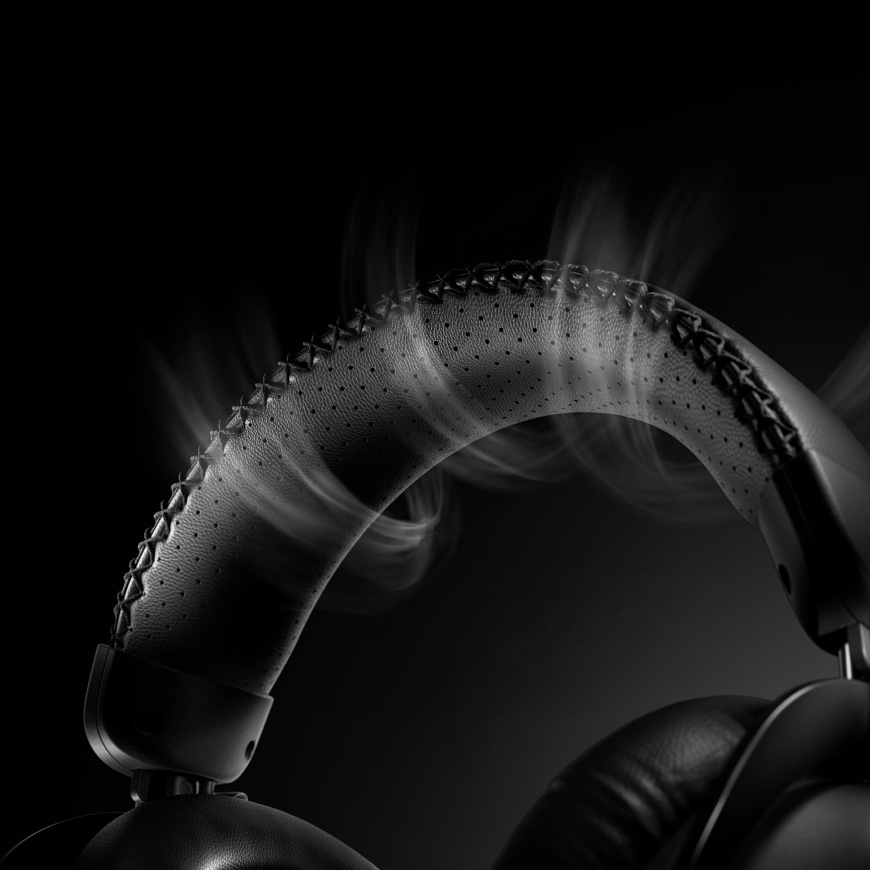 Detail perforovaného hlavového mostu headsetu Logitech PRO X 3 LIGHTSPEED Wireless se znázorněním proudění vzduchu