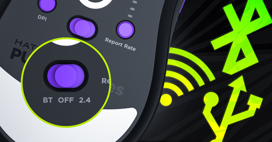 Myš HATOR Pulsar 3 ULTRA černá Spodní přepínač myši HATOR Pulsar 3 Ultra 4K Wireless se symboly tří způsobů připojení