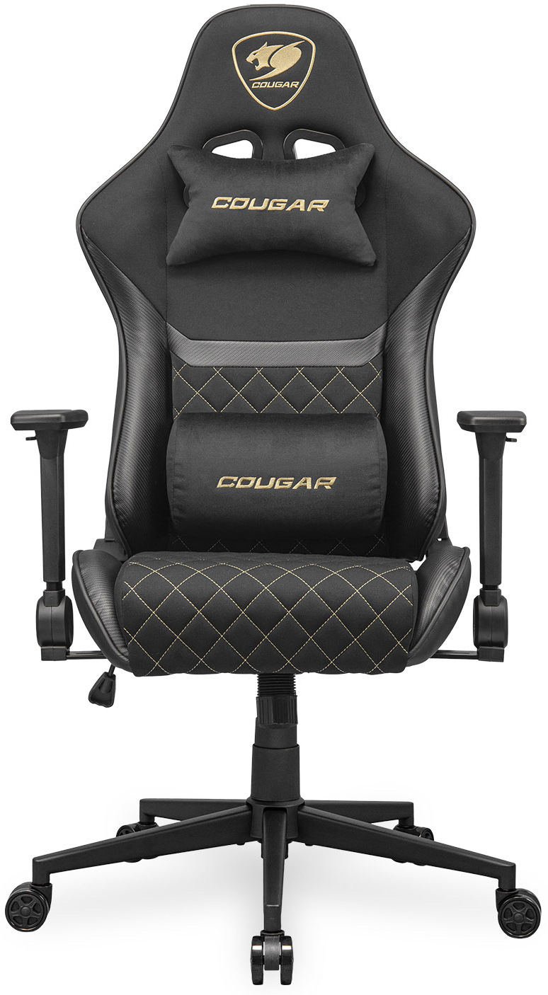 Detail horní části židle Cougar Armor One V2 F s polštářkem a zlatým logem na opěradle