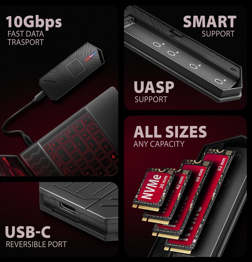 Externí rámeček Axagon GAME box, USB-C 10Gbps - NVMe & SATA SSD M.2 černý Na obrázku je reklamní koláž k externímu boxu AXAGON GAME pro M.2 SSD. Grafika je rozdělená do několika částí na černo-červeném pozadí a ukazuje hlavní vlastnosti zařízení. Vlevo nahoře je box připojený k notebooku s informací o rychlosti 10 Gb/s, dole detail USB-C konektoru. Vpravo nahoře je otevřený vnitřek boxu se zmínkou o podpoře SMART a UASP. Vpravo dole jsou zobrazené různé délky NVMe SSD modulů, takže obrázek zdůrazňuje kompatibilitu s více formáty.