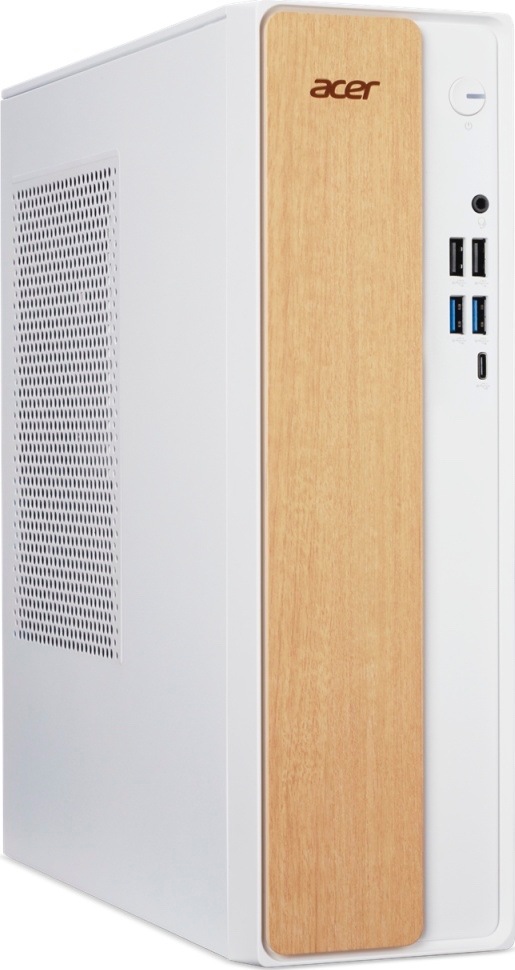 Stolní počítač Acer Aspire XC-102 bílý/hnědý Bílý počítač Acer Aspire XC-102 v kompaktní skříni SFF, zobrazený šikmo zepředu. Přední straně dominuje svislý panel v dekoru světlého dřeva s logem Acer. Vedle jsou ovládací prvky, zvukový konektor, čtyři porty USB-A a jeden USB-C, na levé bočnici je ventilační mřížka.