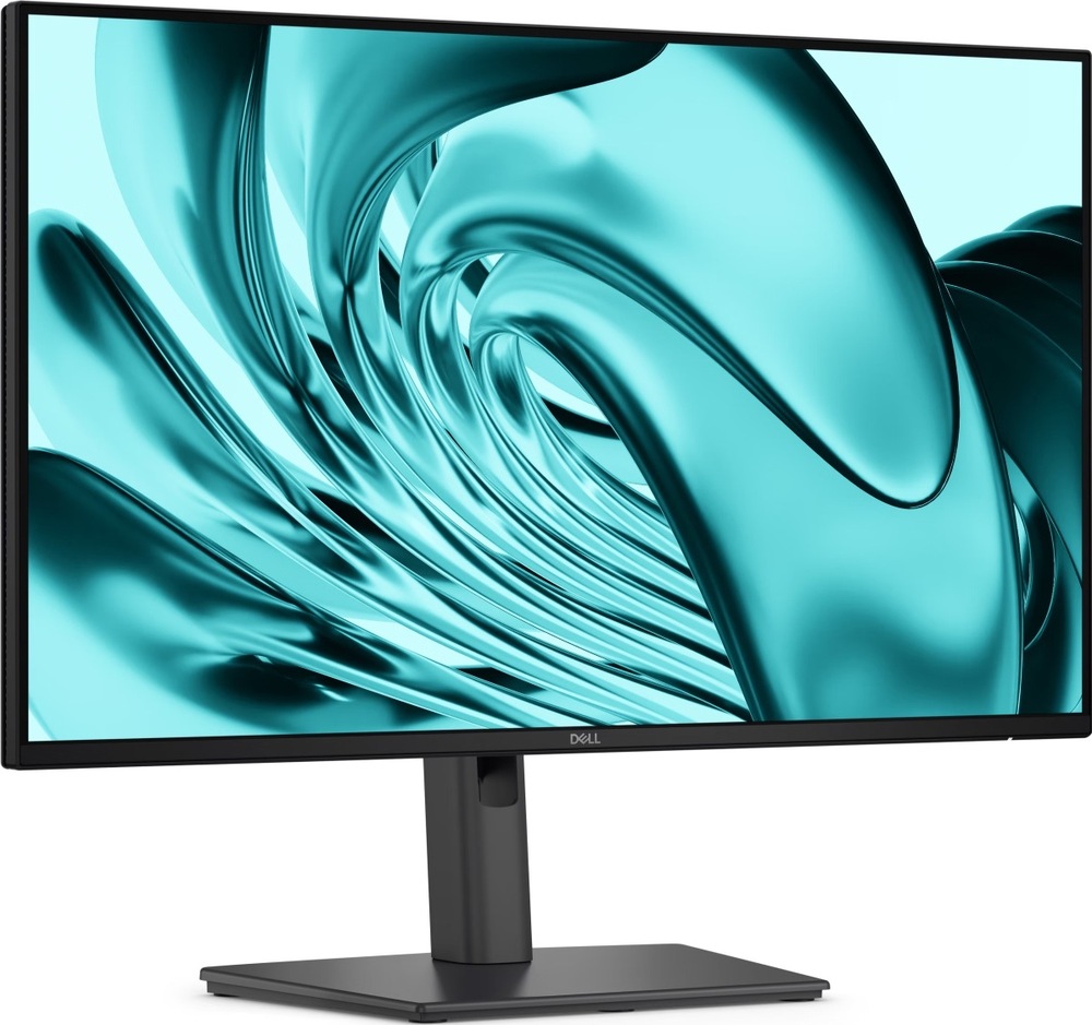 Šikmý čelní pohled na černý monitor Dell Pro P2426H s tenkými rámečky, středovým stojanem a širokou obdélníkovou základnou.
