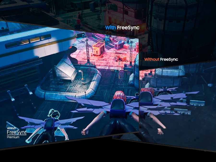 Dvě obrazovky vedle sebe, mírně přes sebe, vlevo obrazovka se záběrem z videohry s AMD FreeSync, na obrazovce vpravo stejný záběr bez FreeSync s rozkostičkovaným obrazem
