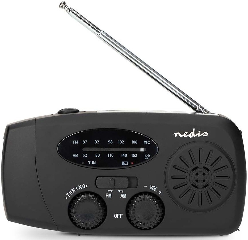 Radiopřijímač Nedis RDFMCR2000 černý Čelní pohled na rádio Nedis RDFMCR2000BK s vytaženou teleskopickou anténou a ovládacími prvky.