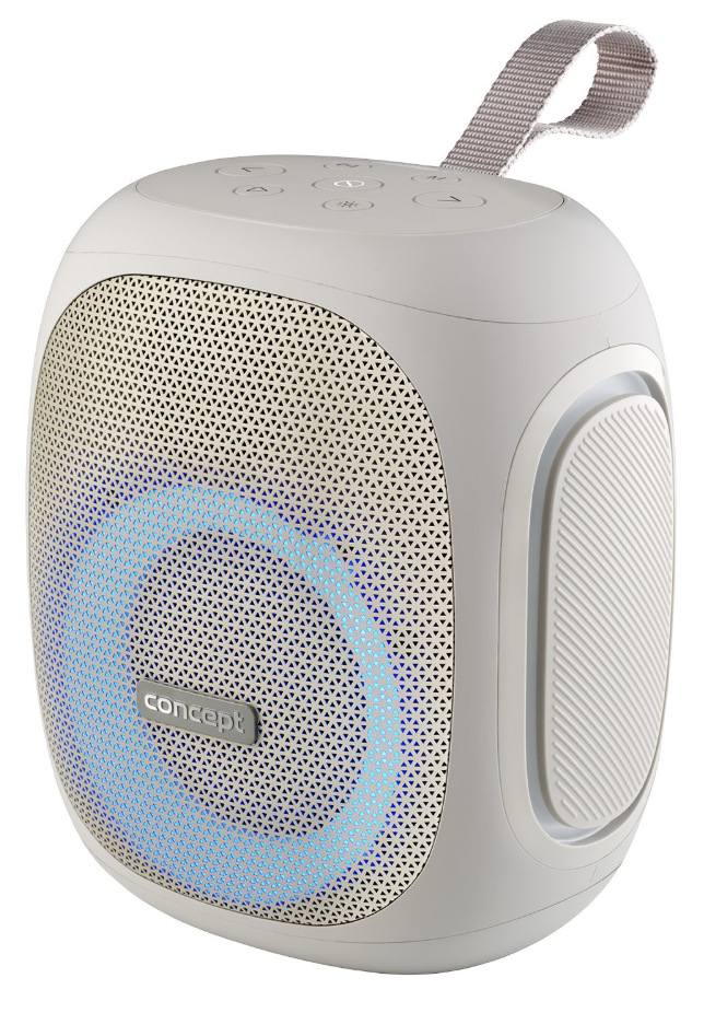 Šedý reproduktor Concept SoundJoy BR5036 s modrým LED osvětlením a poutkem