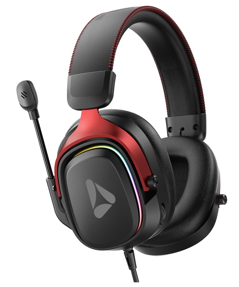 Natočený pohled na herní headset Dispel GH560B s polohovatelným mikrofonem a RGB podsvícením