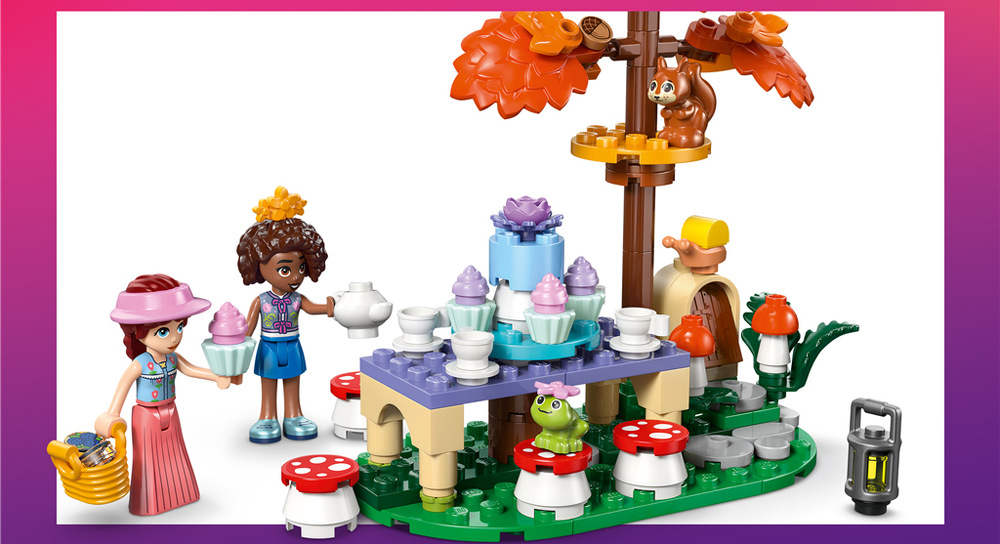 Stavebnice LEGO® Friends 42690 Lesní čajový dýchánek Žába, veverka a šnek doprovázejí Aliyu a Paisley při lesním čajovém dýchánku i nových výpravách.