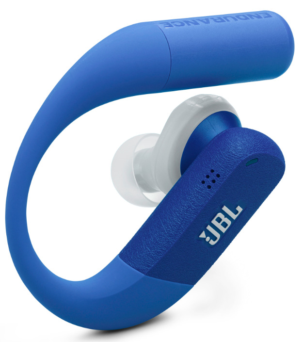 Sluchátka JBL Endurance Peak 4 modrá Detail tvarovaného háčku a špuntu sluchátek JBL Endurance Peak 4 pro pevné usazení