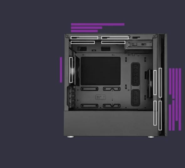 Case Cooler Master Silencio S600 Tempered Glass černá Otevřená černá skříň počítače na tmavě fialovém pozadí, zvýrazněná bílými a fialovými čarami.