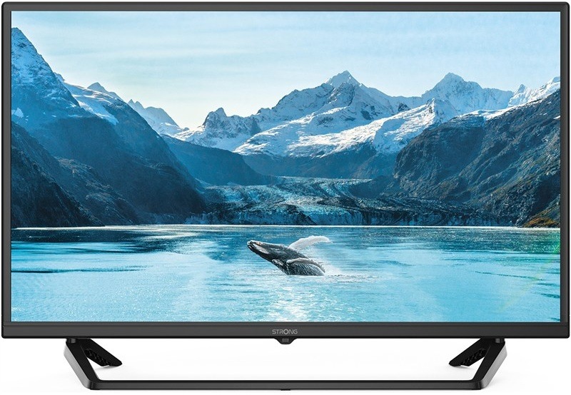 Televizor Strong SRT32HF2003C, 32palcový LED TV s HD rozlišením, černý, pohled zepředu.