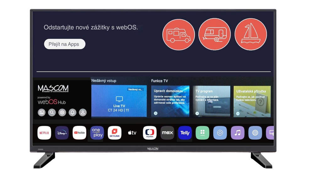 Televize Mascom MC22TFW11, na obrazovce je seznam aplikací a nápis Odstartujte nové zážitky s webOS s ikonkami karavanu, obytného vozu a lodě