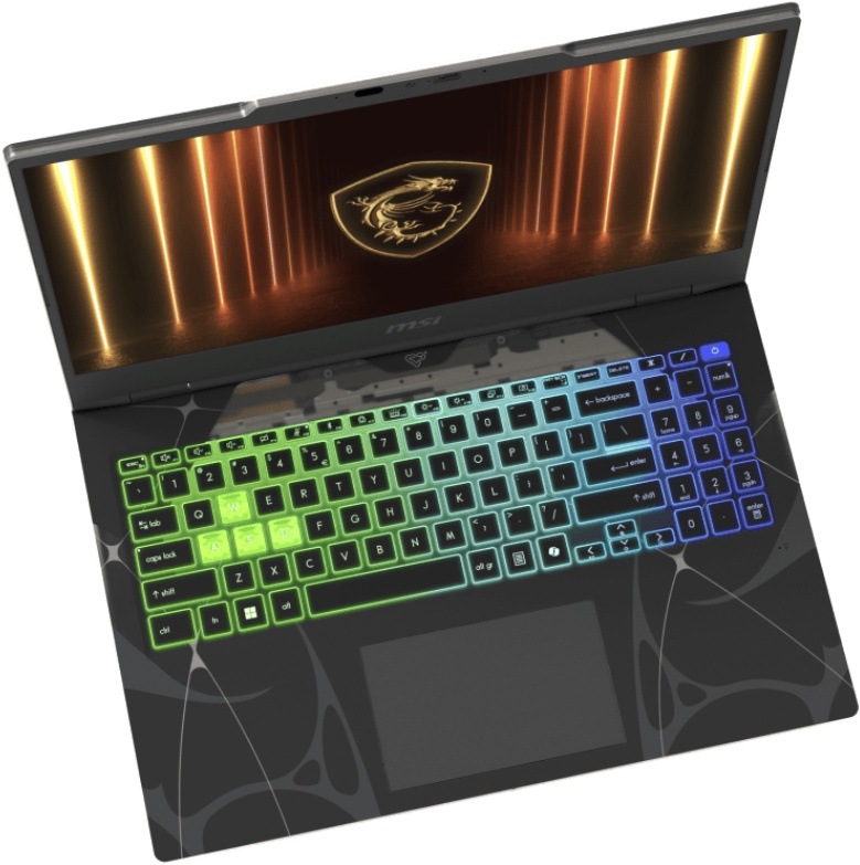Notebook MSI Cyborg 15 B13WFKG-1221XCZNN černý Pohled shora na notebook MSI Cyborg 15 B13W s RGB klávesnicí, velkým touchpadem a futuristickým průhledným designem