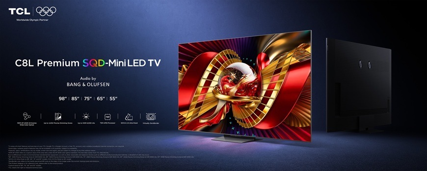 Televize TCL 98C8L Televize TCL 98C8L Premium QD-Mini LED s technologií SQD, ukázka moderního designu, vysokého jasu a špičkového obrazu s podporou Bang & Olufsen zvuku.