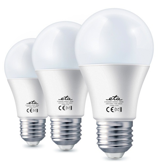 Žárovka LED ETA A60PACK6 Sada 3 ks 15W LED žárovek ETA s paticí E27 na bílém pozadí