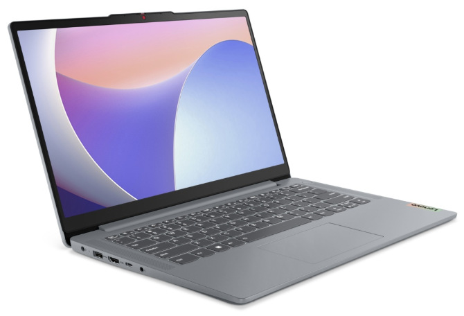 Šedý notebook Lenovo IdeaPad Slim 3 14AMN8 z levého úhlu s otevřeným displejem