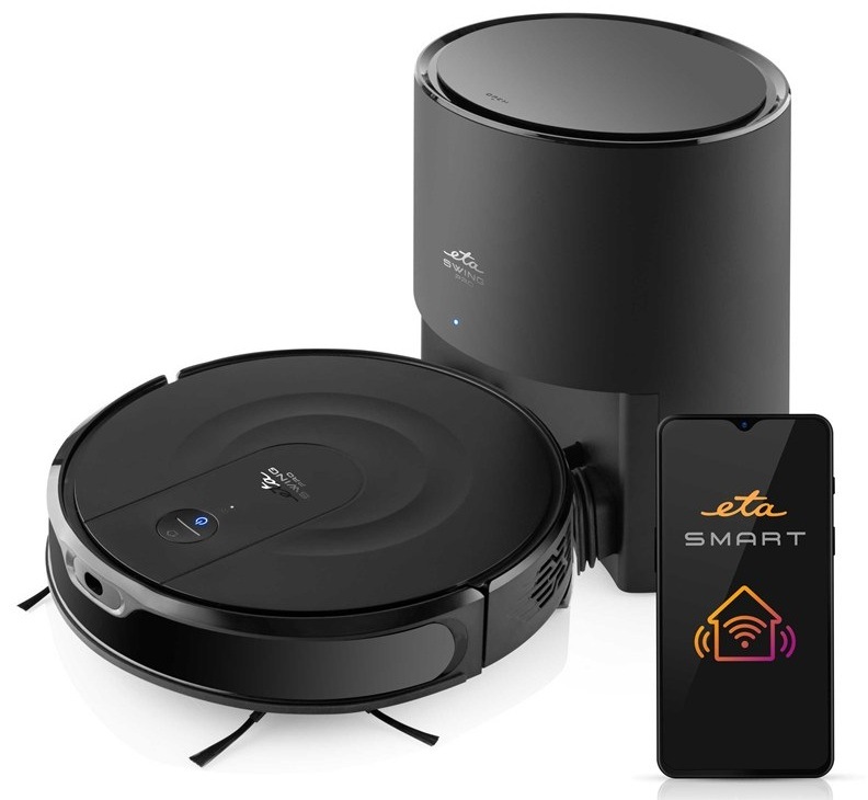 Černý robotický vysavač ETA Swing Pro se nabíjecí a odsávací stanicí a chytrým telefonem s aplikací ETA SMART